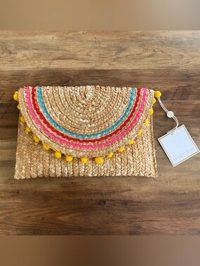 Shiraleah Straw Clutch with Yellow Pom and Multi-Color Trim